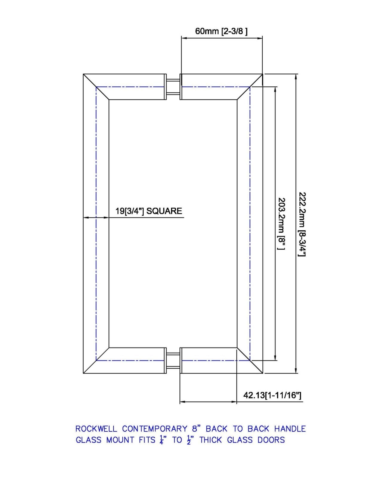 Rockwell Security Square Back to Back Pull for Heavy Glass Frameless Shower Doors SDHQ8ORB