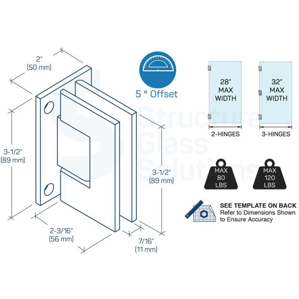 Structure Glass Solutions 5° Wall to Glass Full Back Plate Hinge IMP - 1105 - Brushed Nickel