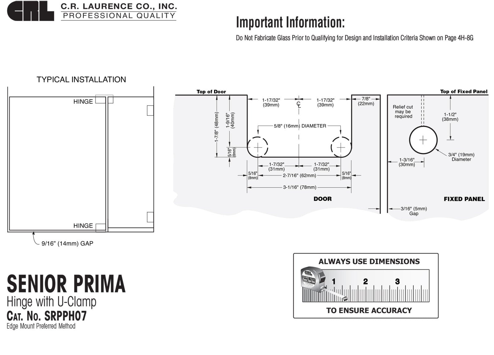 CRL Top or Bottom Mount Senior Prima Pivot Hinge with Attached U - Clamp SRPPH07BBRZ