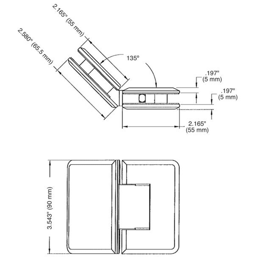 U.S. Horizon Mfg. 135° Glass - to - Glass Adjustable Premier Series Hinge HP135GTGACB