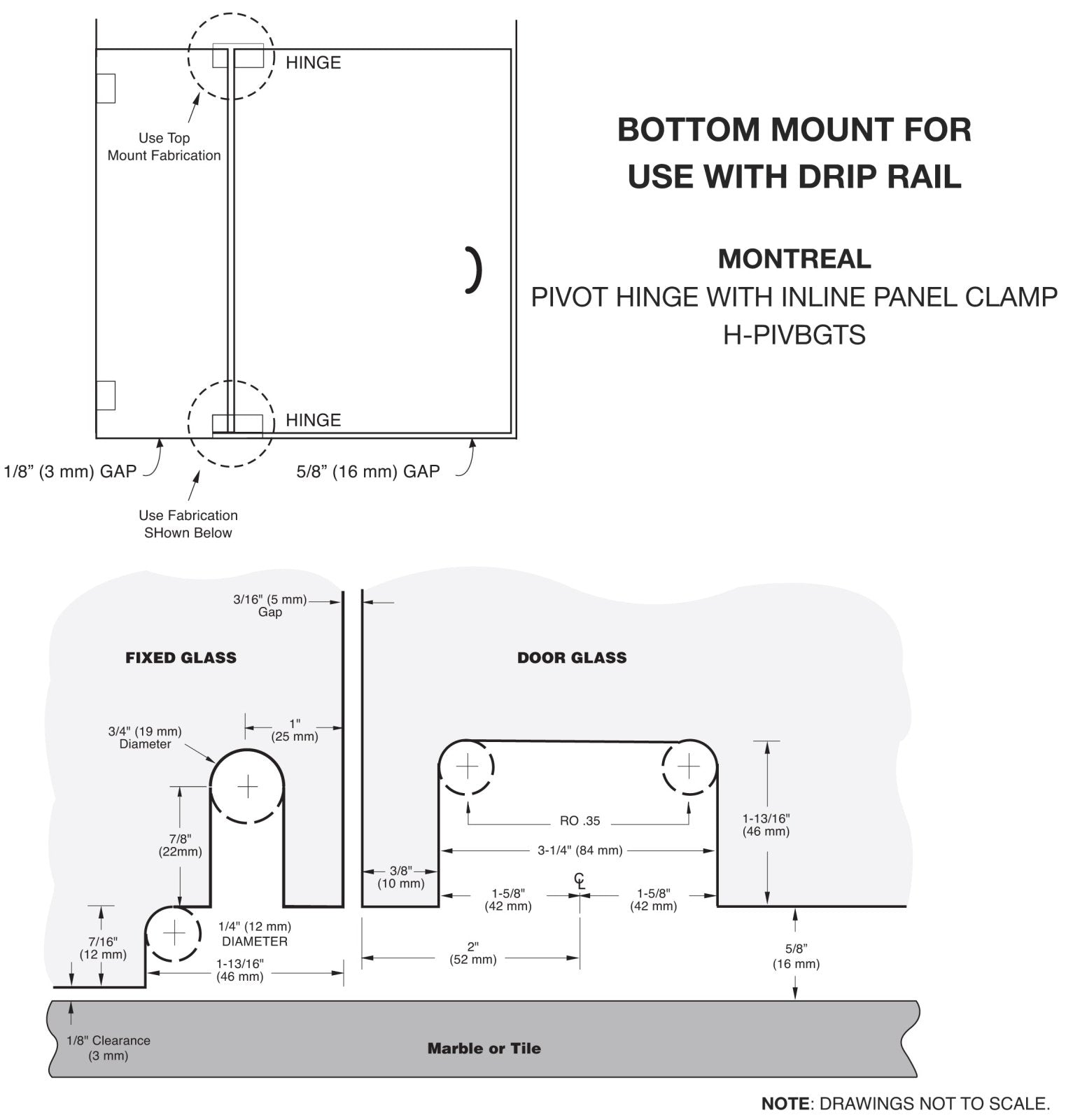 U.S. Horizon Mfg. 180° Glass to Glass (for Fixed Sidelite) Montreal Series Hinge HP1VBGTSPB