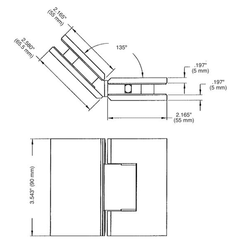 U.S. Horizon Mfg. Designer 135 Degree Glass To Glass Hinge H135GTGAB