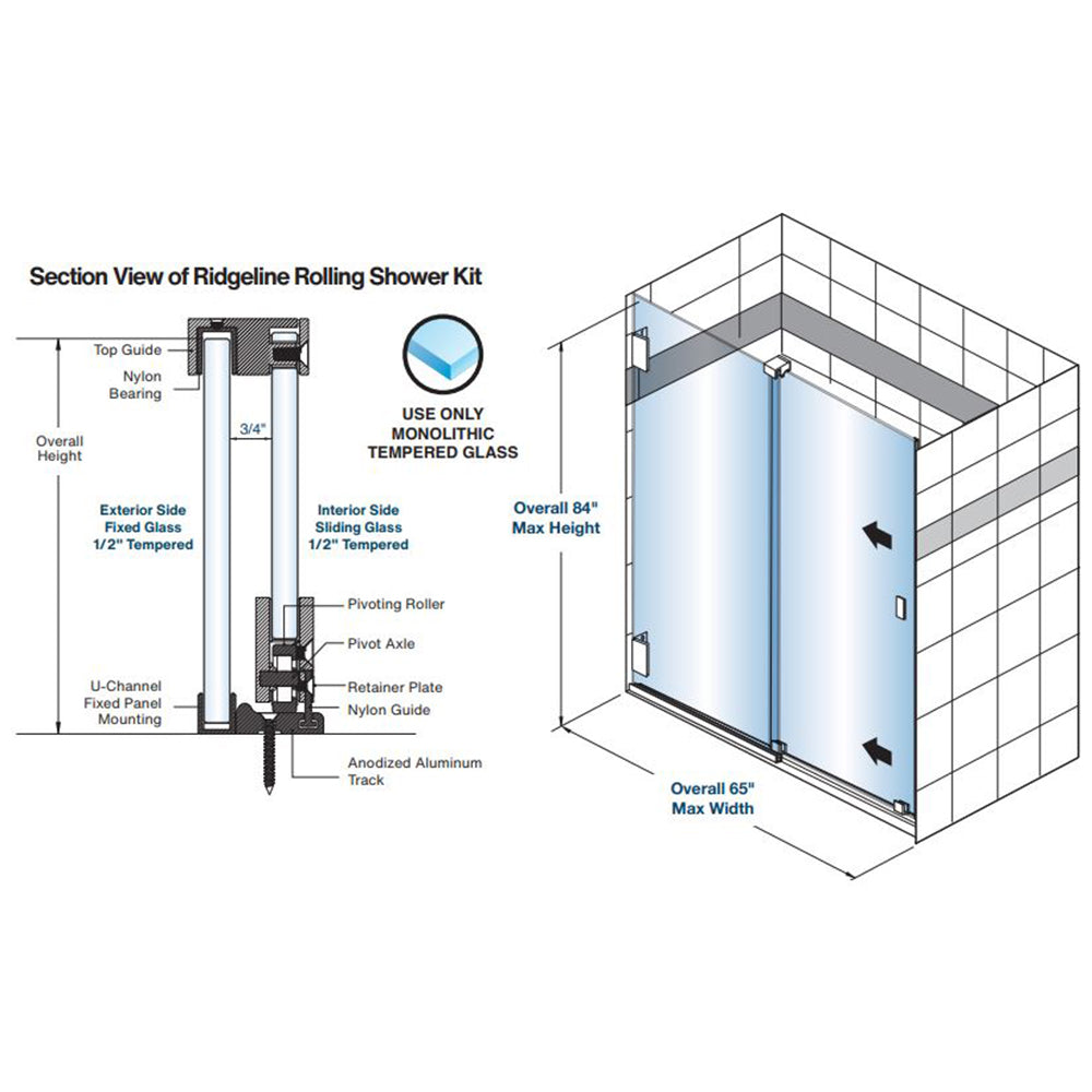 FHC Ridgeline Bottom Rolling Shower Door Kit Square Roller Housing For 1/2" Glass