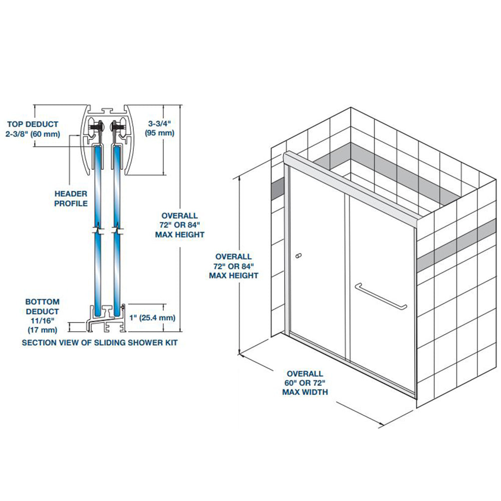 FHC 72" X 84" Premium Shower Door Sliding Kit For 3/8" Glass