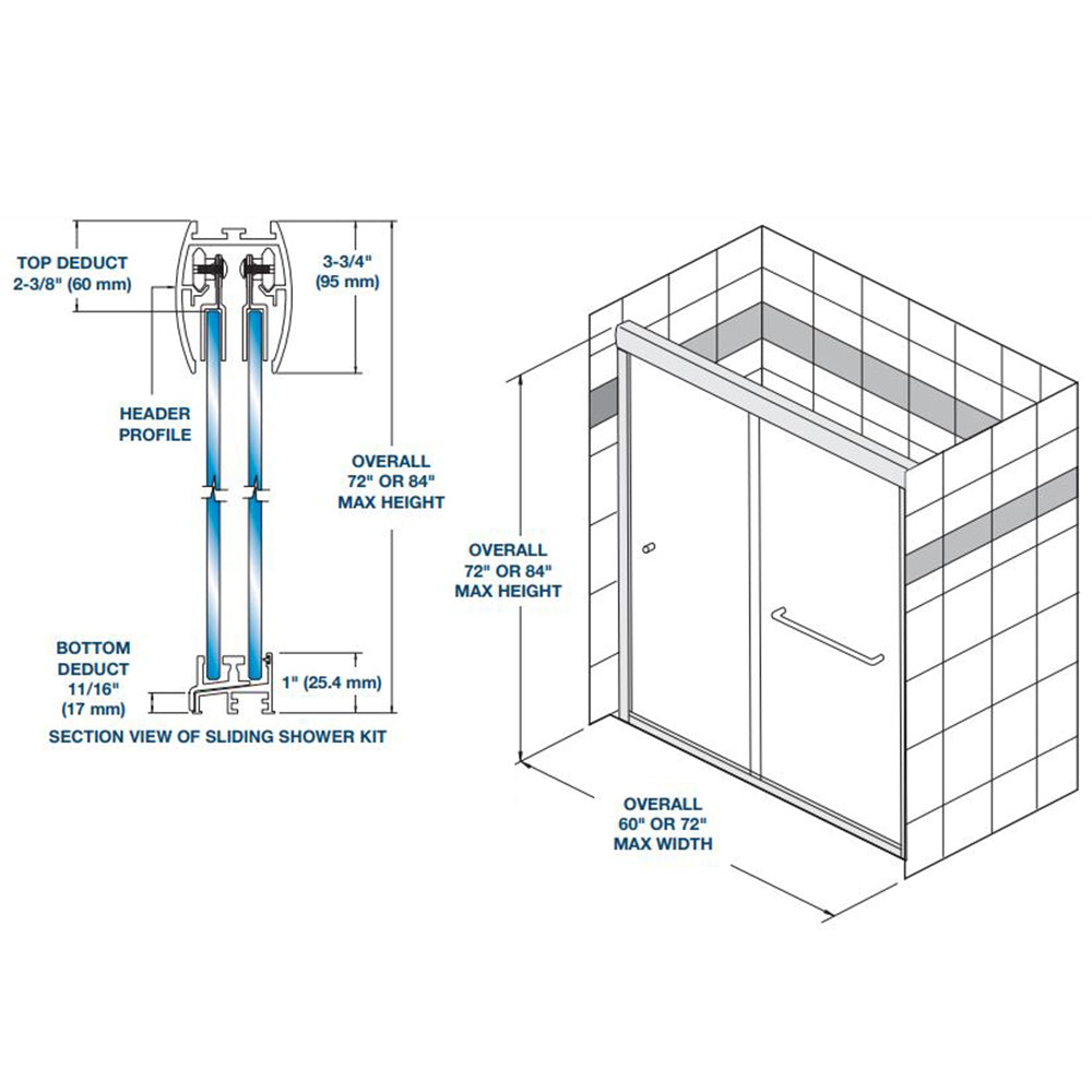 FHC Premium Shower Door Sliding Kit For 3/8" Glass 60" X 72"