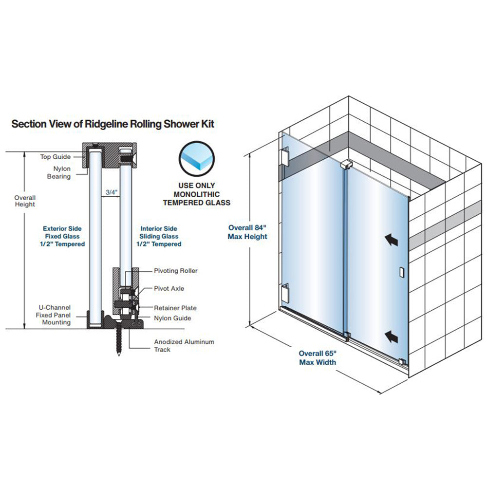 FHC Ridgeline Bottom Rolling Shower Door Kit Round Roller Housing For 1/2" Glass